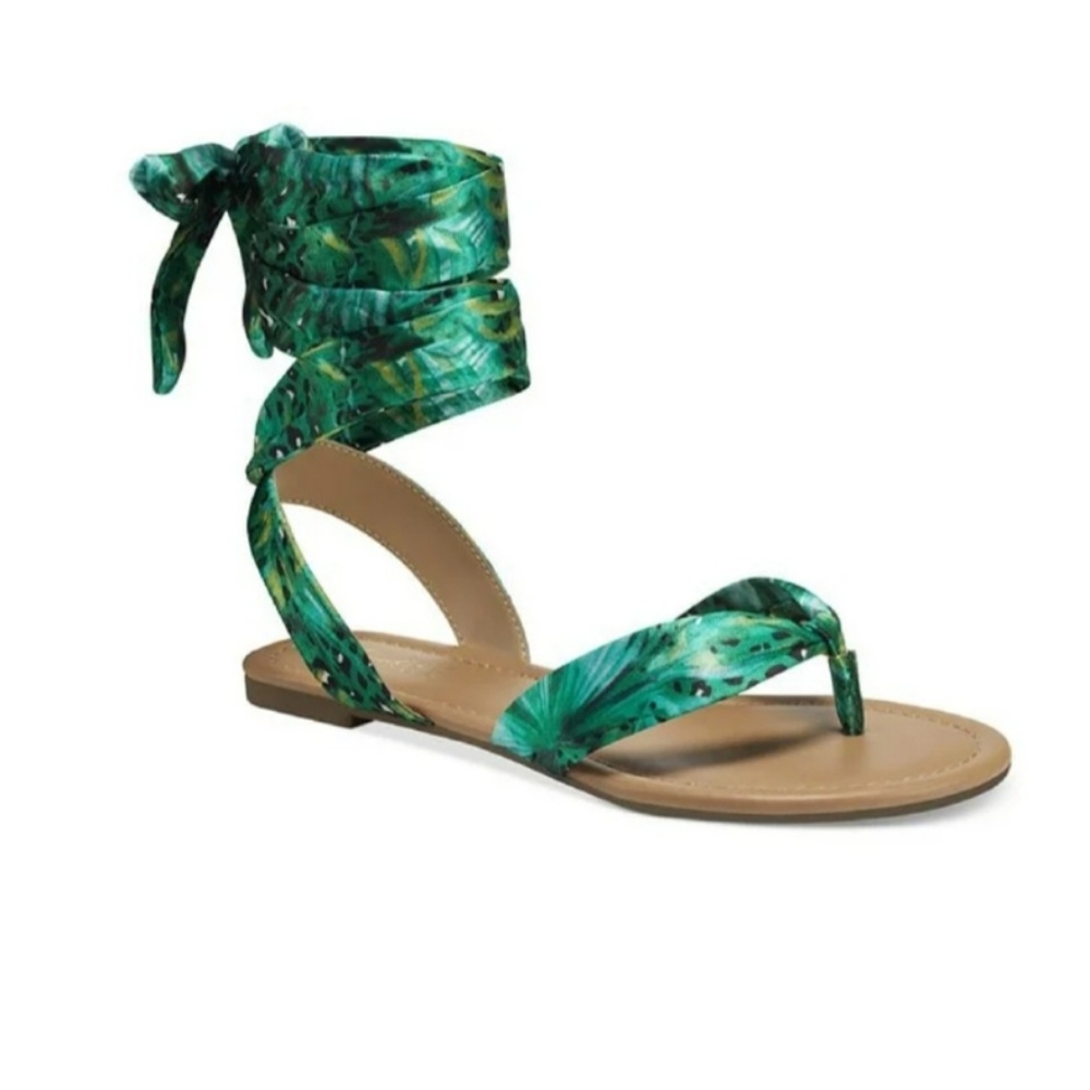 NWOB Thalia Sodi Womens Floral Joleyn Ribbon Tie Sandal Green Tropical Sz 7M